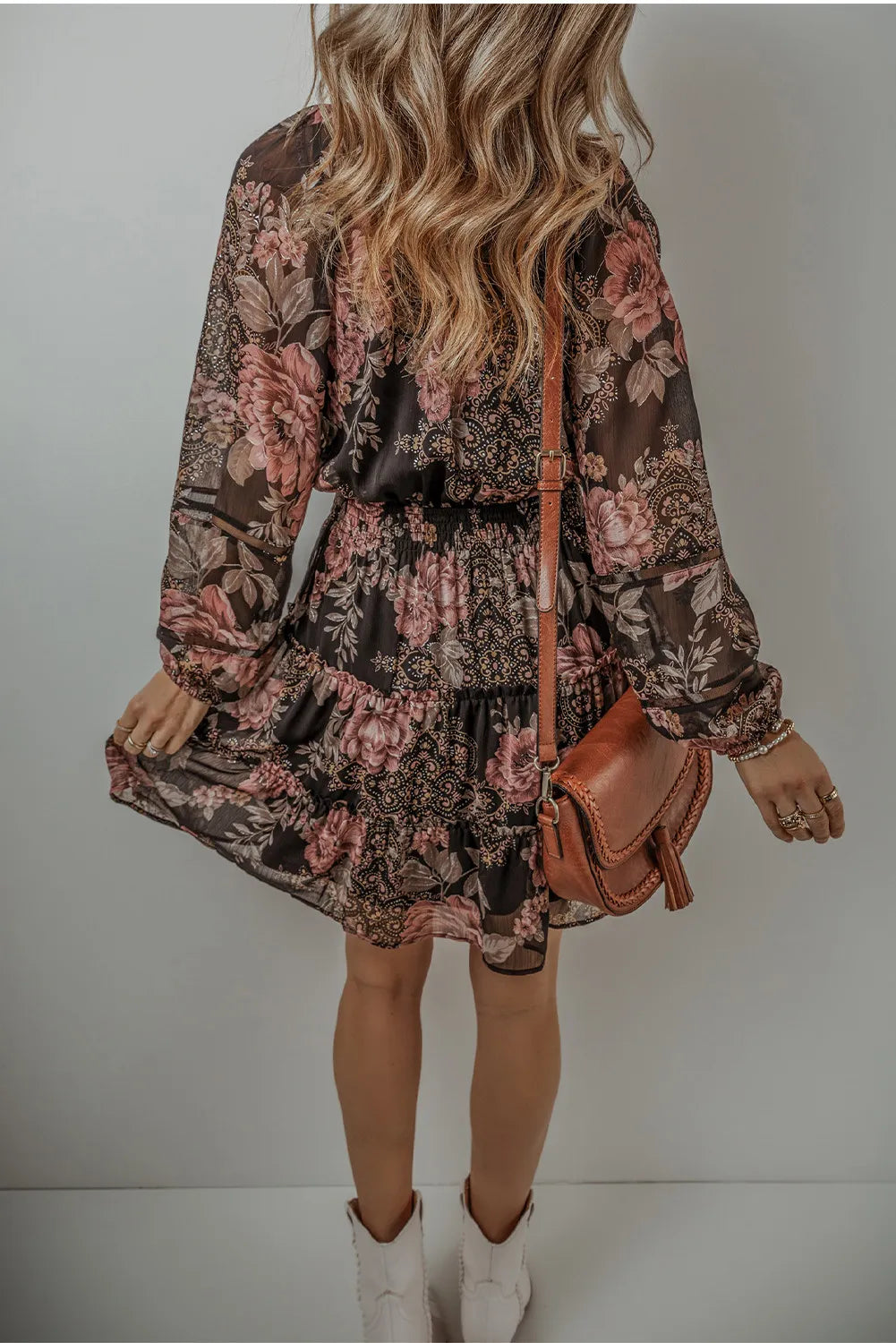 Printed Tie Neck Long Sleeve Mini Dress