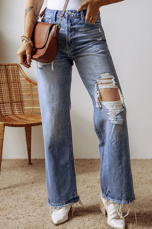 Distressed Straight Leg Jeans with Pockets