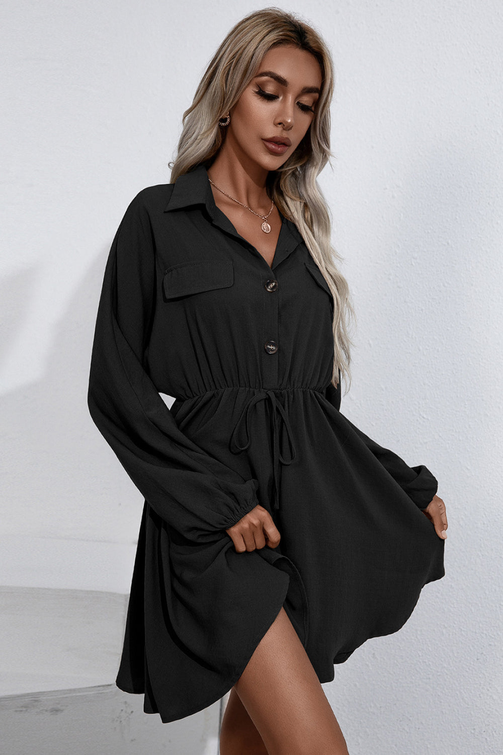 Collared Tie Waist Button Up Shirt Dress