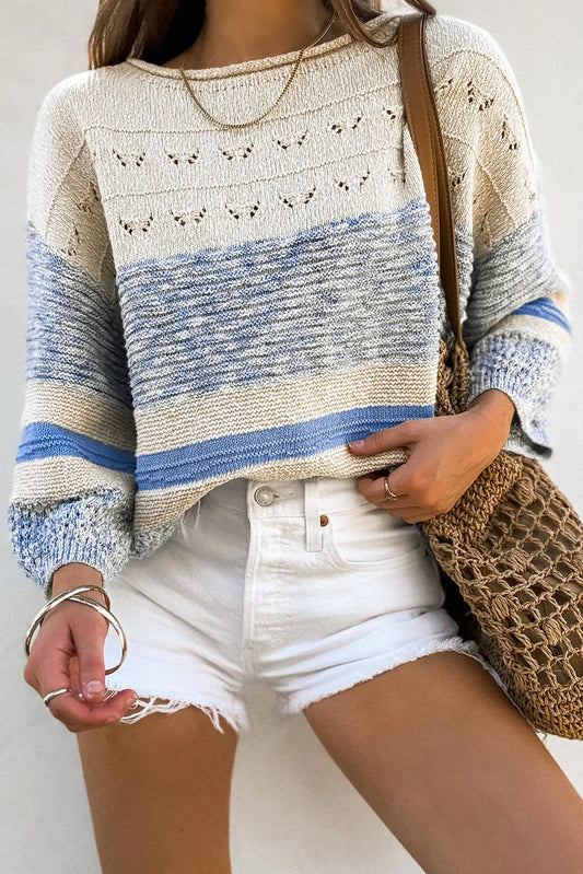 Color Block Boat Neck Long Sleeve Sweater