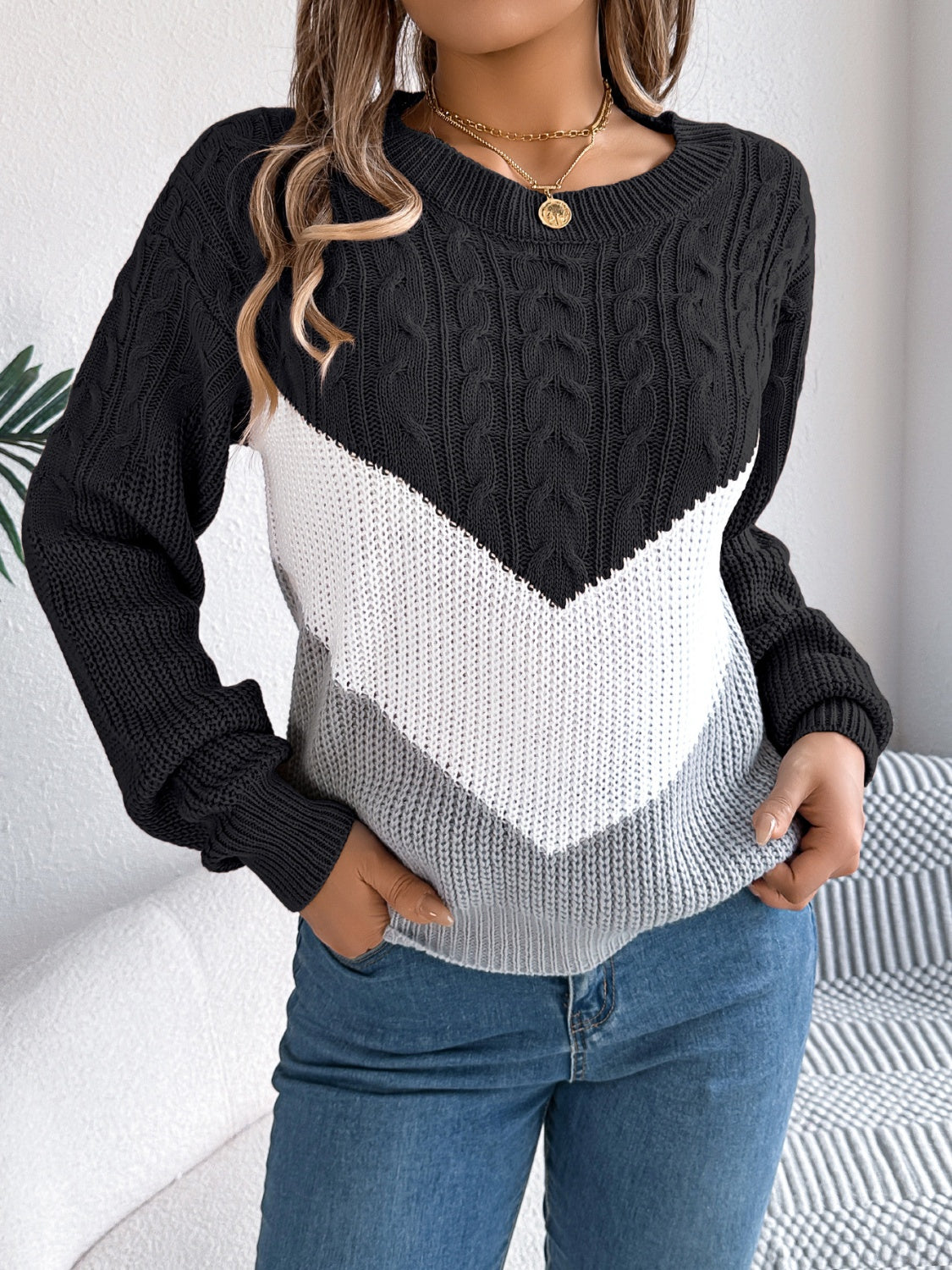 Cable-Knit Color Block Round Neck Sweater