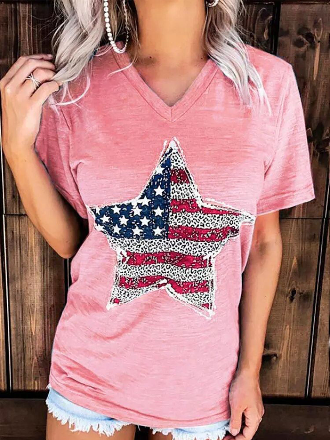 US Flag Graphic V-Neck Short Sleeve T-Shirt