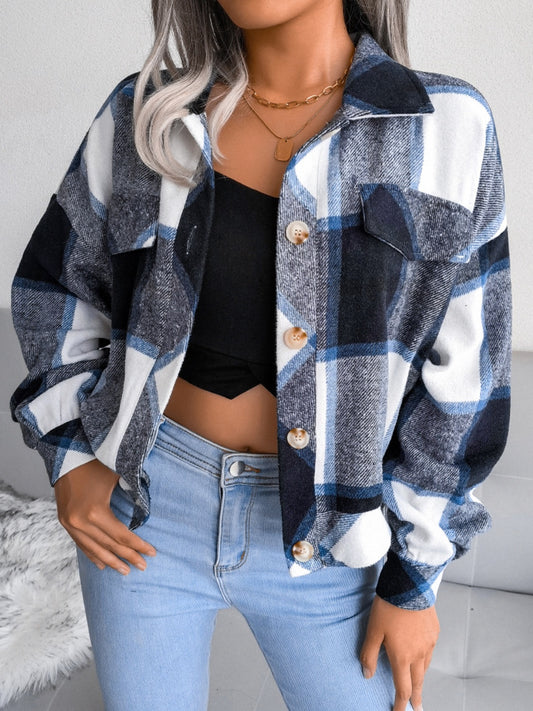 Plaid Collared Neck Long Sleeve Jacket