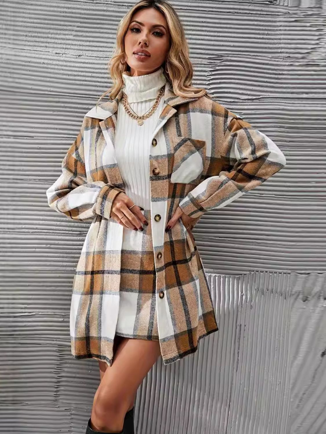 Plaid Button Up Long Sleeve Coat and Skirt Set