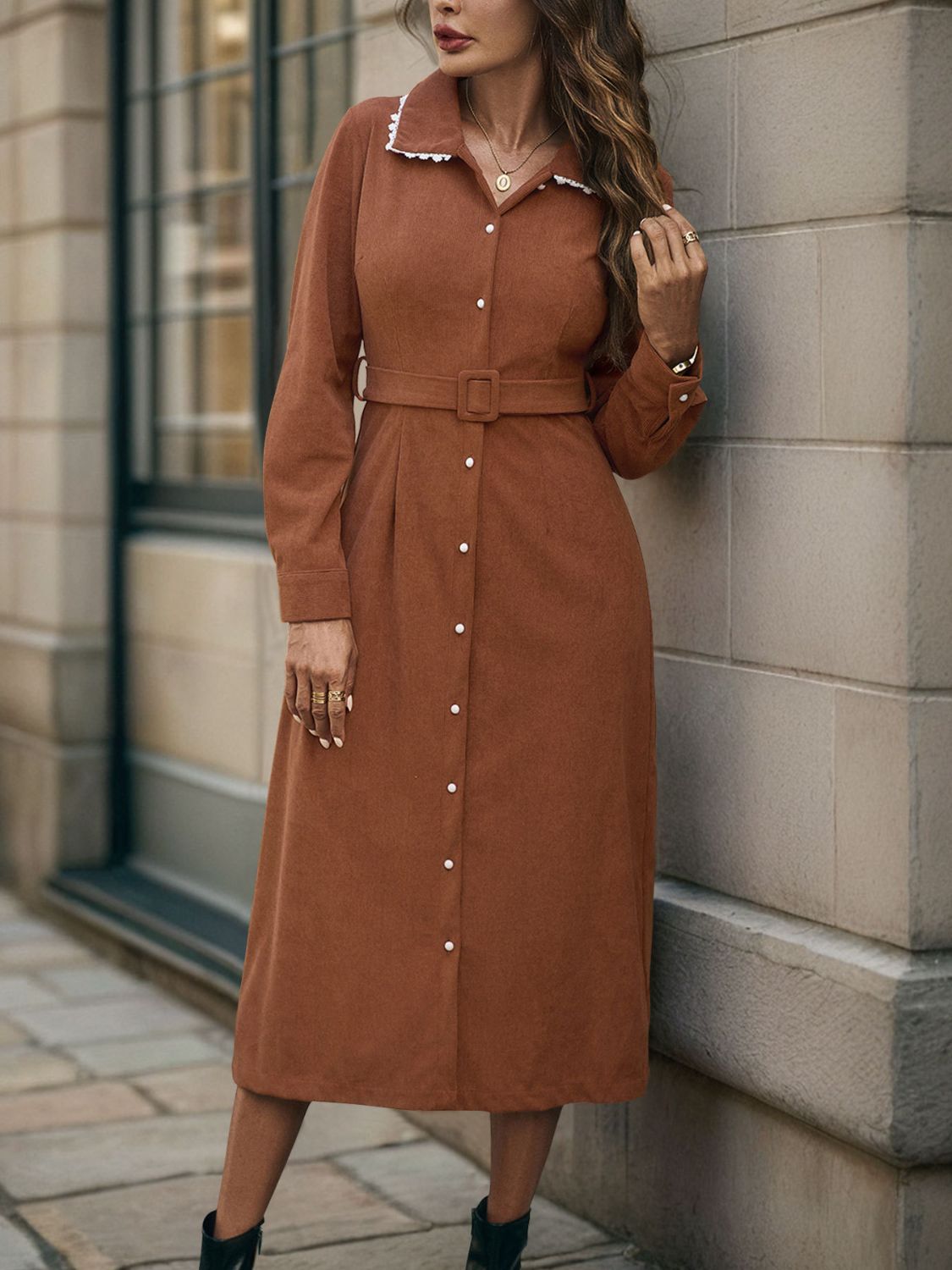 Perfee Lace Detail Collared Neck Long Sleeve Midi Dress