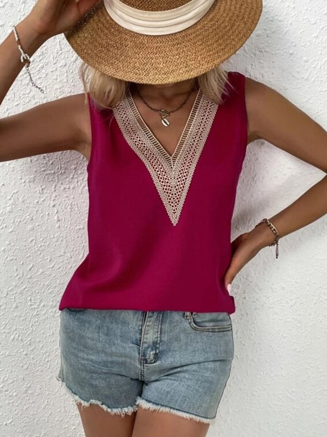 Full Size Lace Detail V-Neck Tank