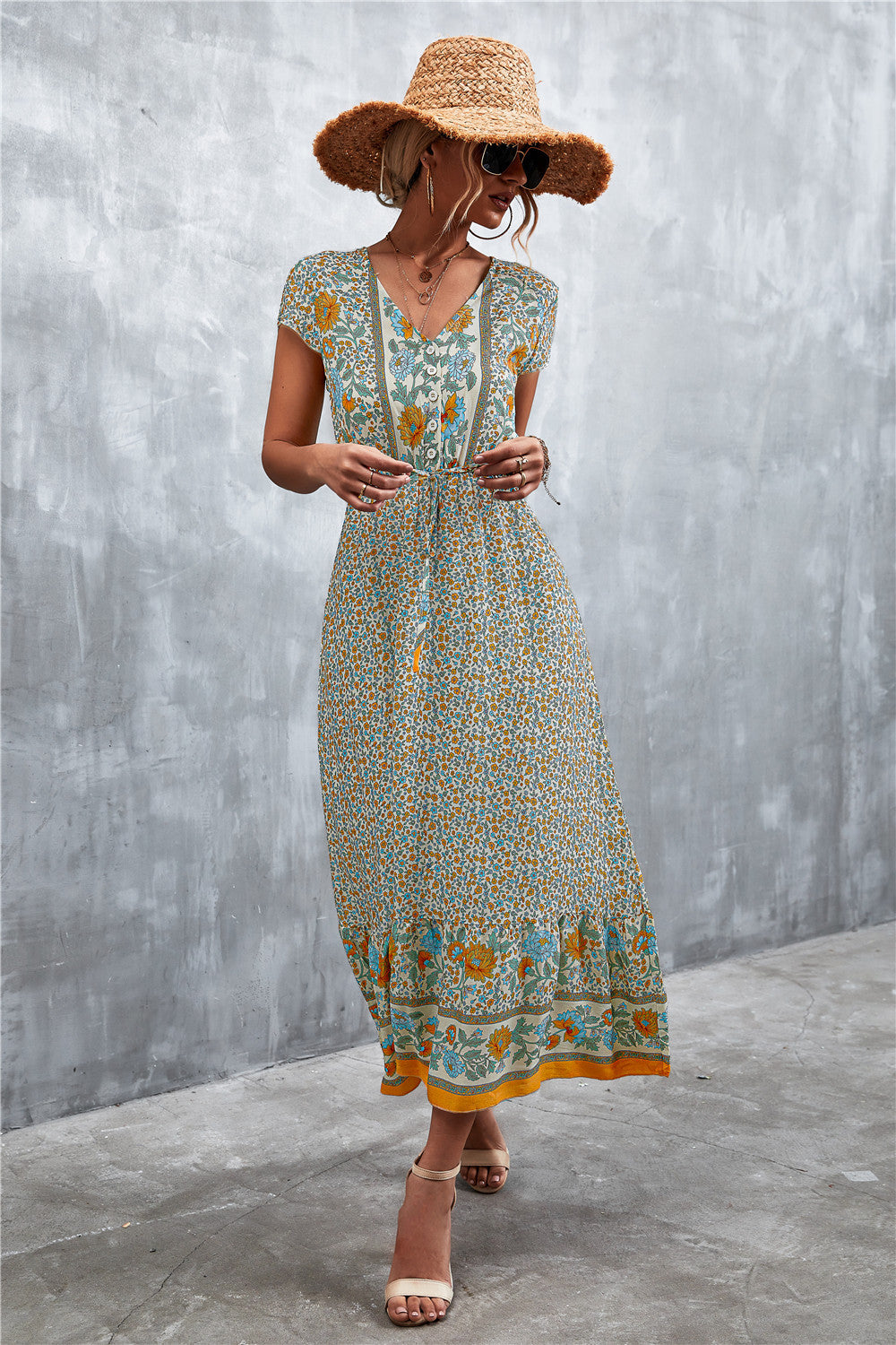 V-Neck Short Sleeve Printed Maxi Dress