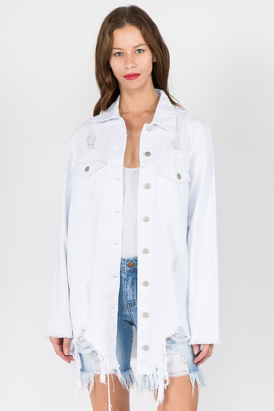 American Bazi Distressed Frayed Hem Denim Jacket