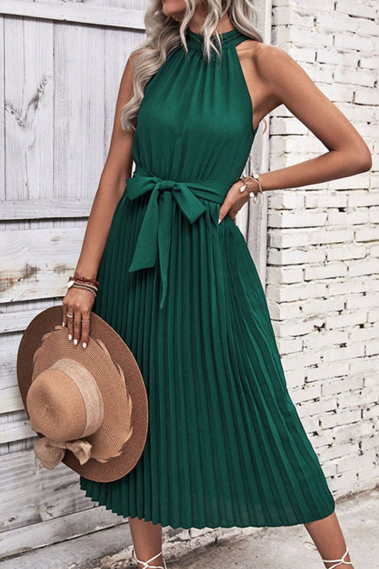 Perfee Tie Belt Pleated Midi Dress