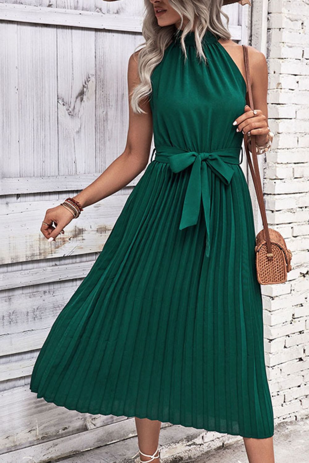 Perfee Tie Belt Pleated Midi Dress