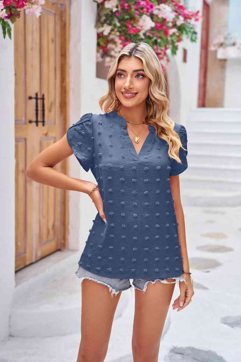 Swiss Dot Petal Sleeve Notched Top