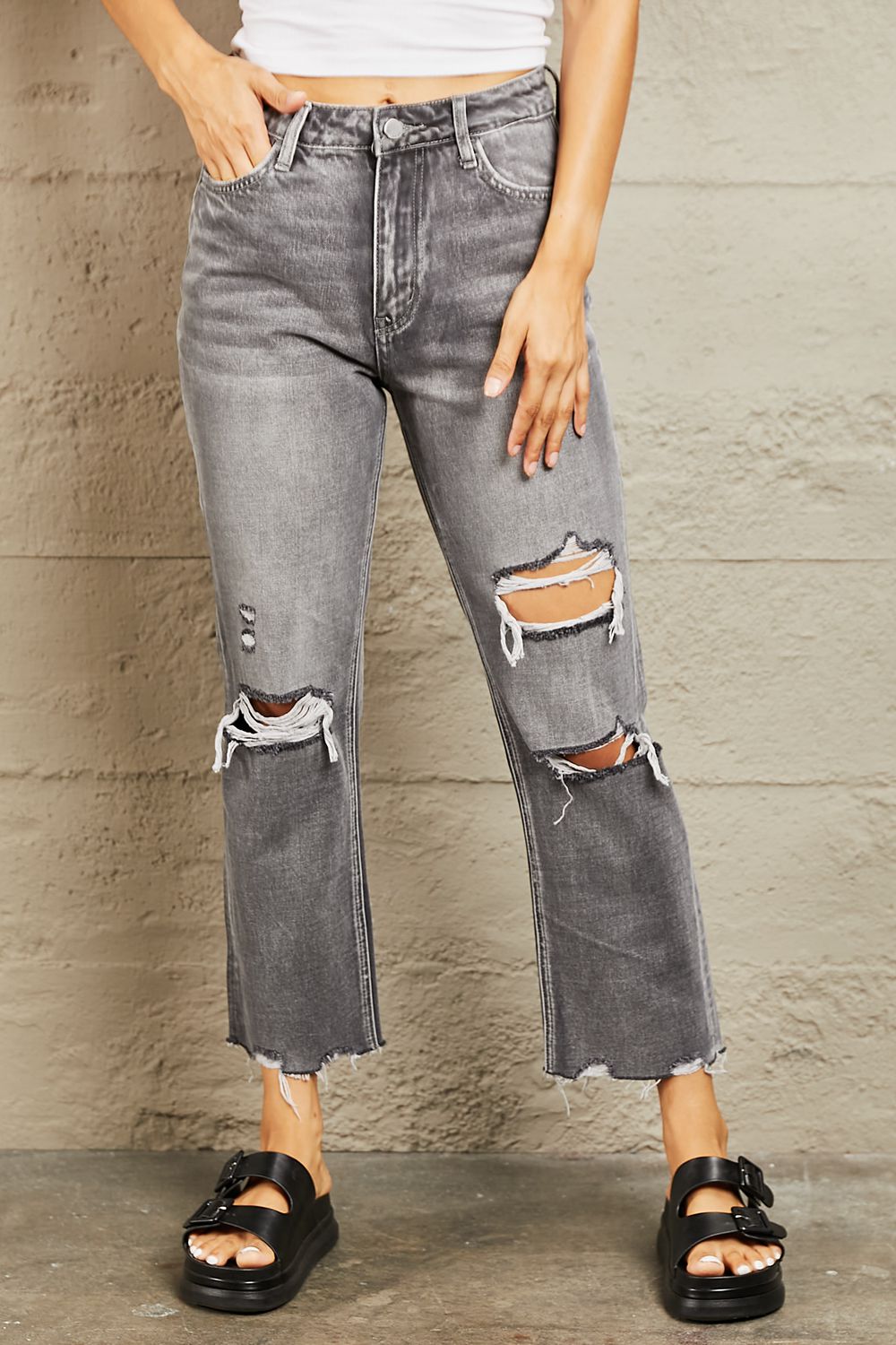 BAYEAS Mid Rise Distressed Cropped Dad Jeans – Emi Jean’s Boutique