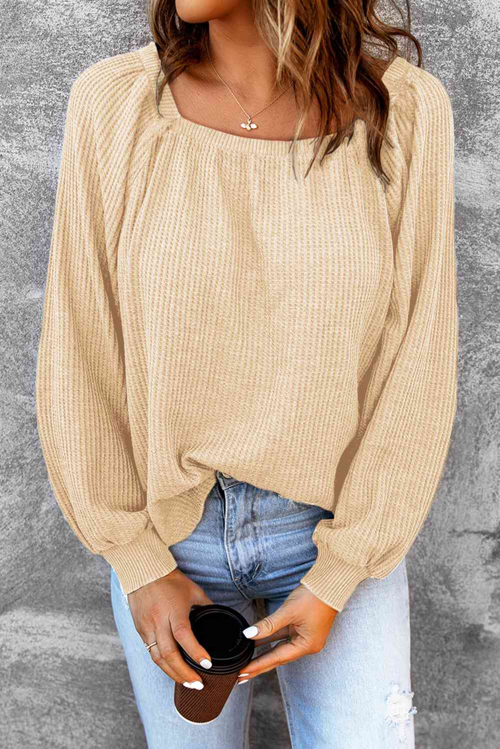 Square Neck Waffle-Knit Top