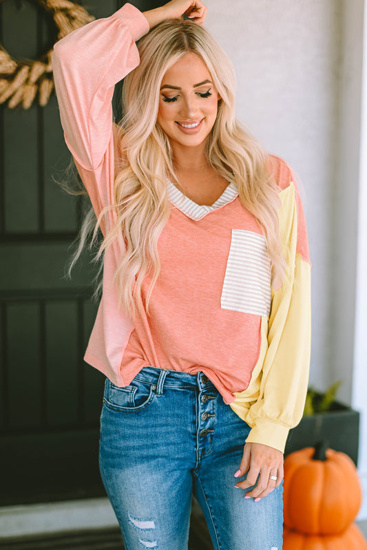 Color Block V-Neck Dropped Shoulder long sleeve  with Pocket