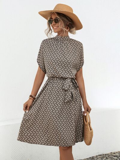 Tied Printed Mock Neck Short Sleeve Dress