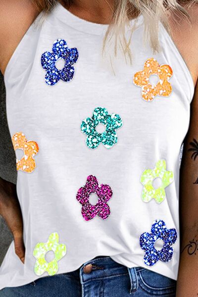 Sequin Flower Grecian Neck Tank