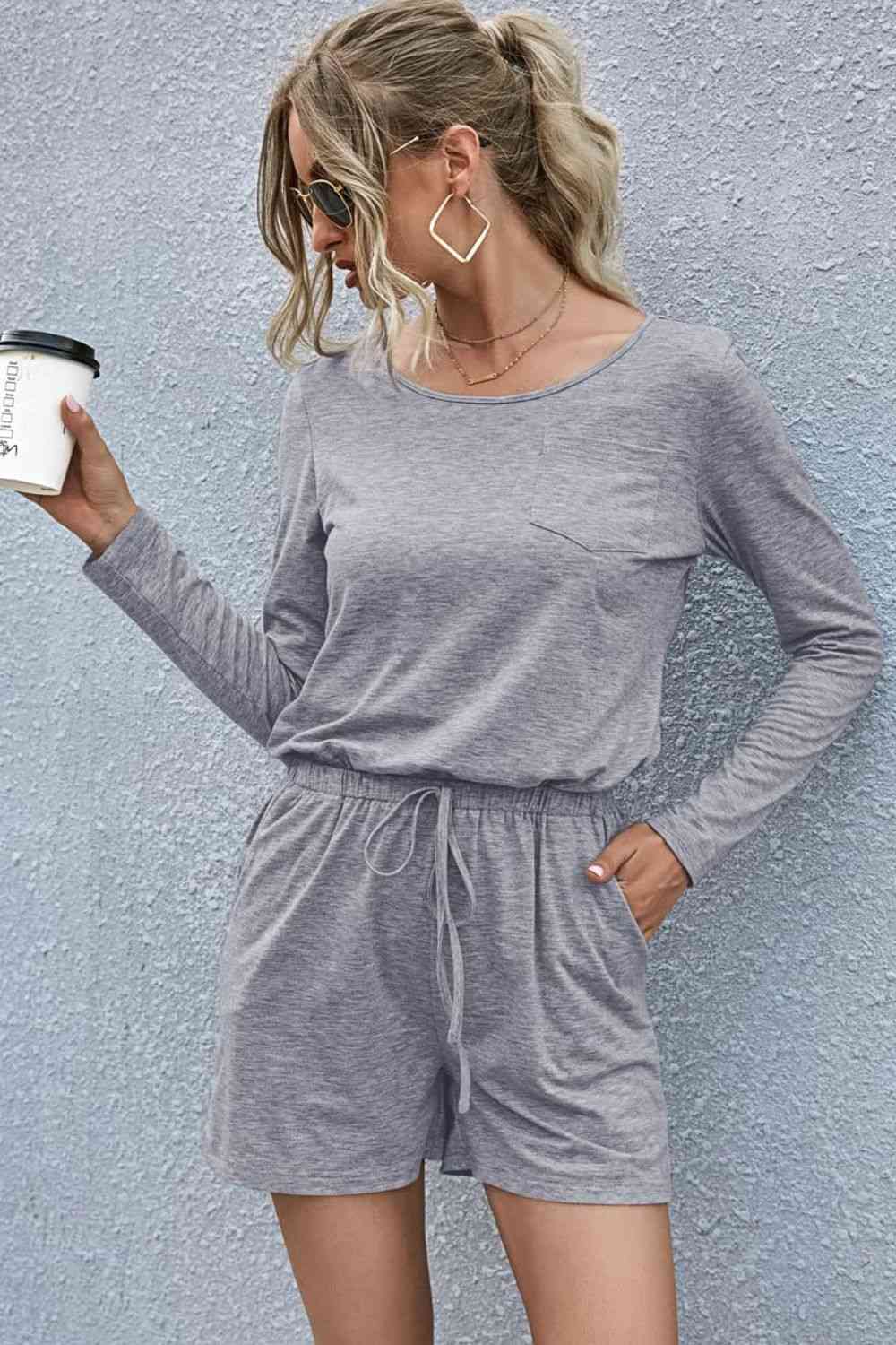 Drawstring Waist Long Sleeve Romper